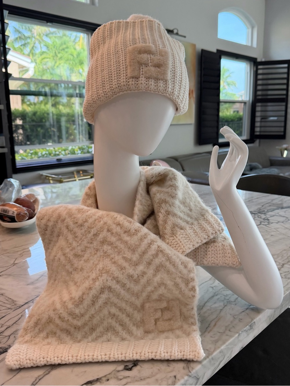 Fendi Cream Alpaca Beanie and Scarf Set